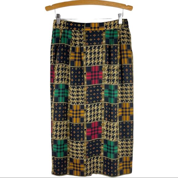 Vintage blue tan wool bridle equestrian plaid 80s 90s midi skirt small - Picture 1 of 8